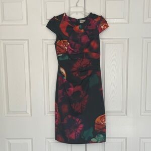 Vintage Karen Millen England Black Floral-Print Cap-Sleeve Pencil Midi Dress